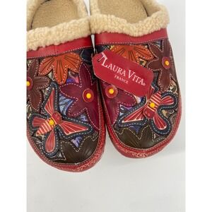 Laura Vita Leather Clogs‎ Floral/Butterfly Shearling Lined Size 9.5-NEW-RARE